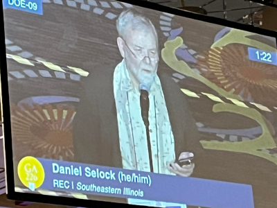Dan Selock addresses an item of business at the PCUSA 
General Assembly Meeting in Salt Lake City