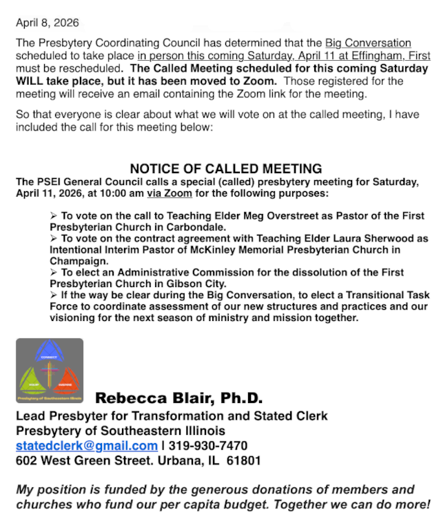 Called Meeting via Zoom